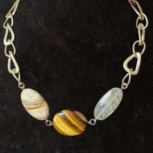 Vintage Lia Sophia Signed Tigers Eye,  Quartz and Stone 18” Statement Necklace
